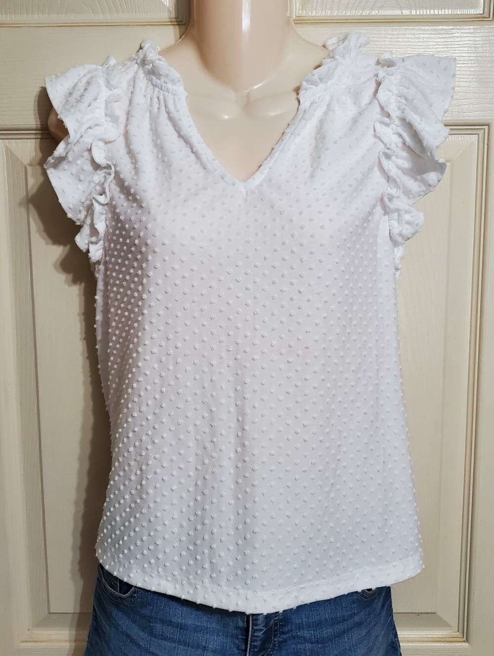 J Crew White Swiss Dot Ruffle Sleeve V-Neck Top Size Large NWT